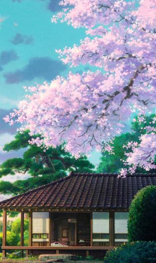 日式樱花下的房子唯美高清动漫壁纸