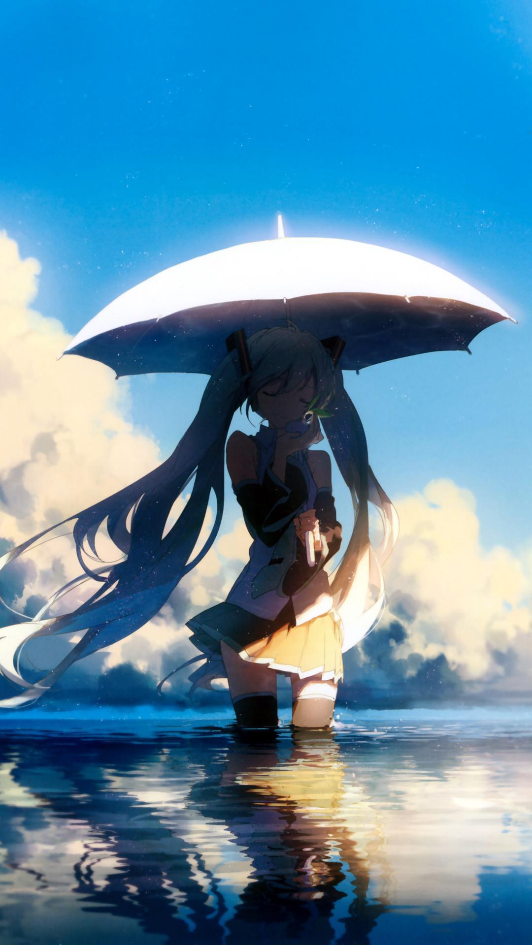 天空,水,初音未来,雨伞,手机壁纸