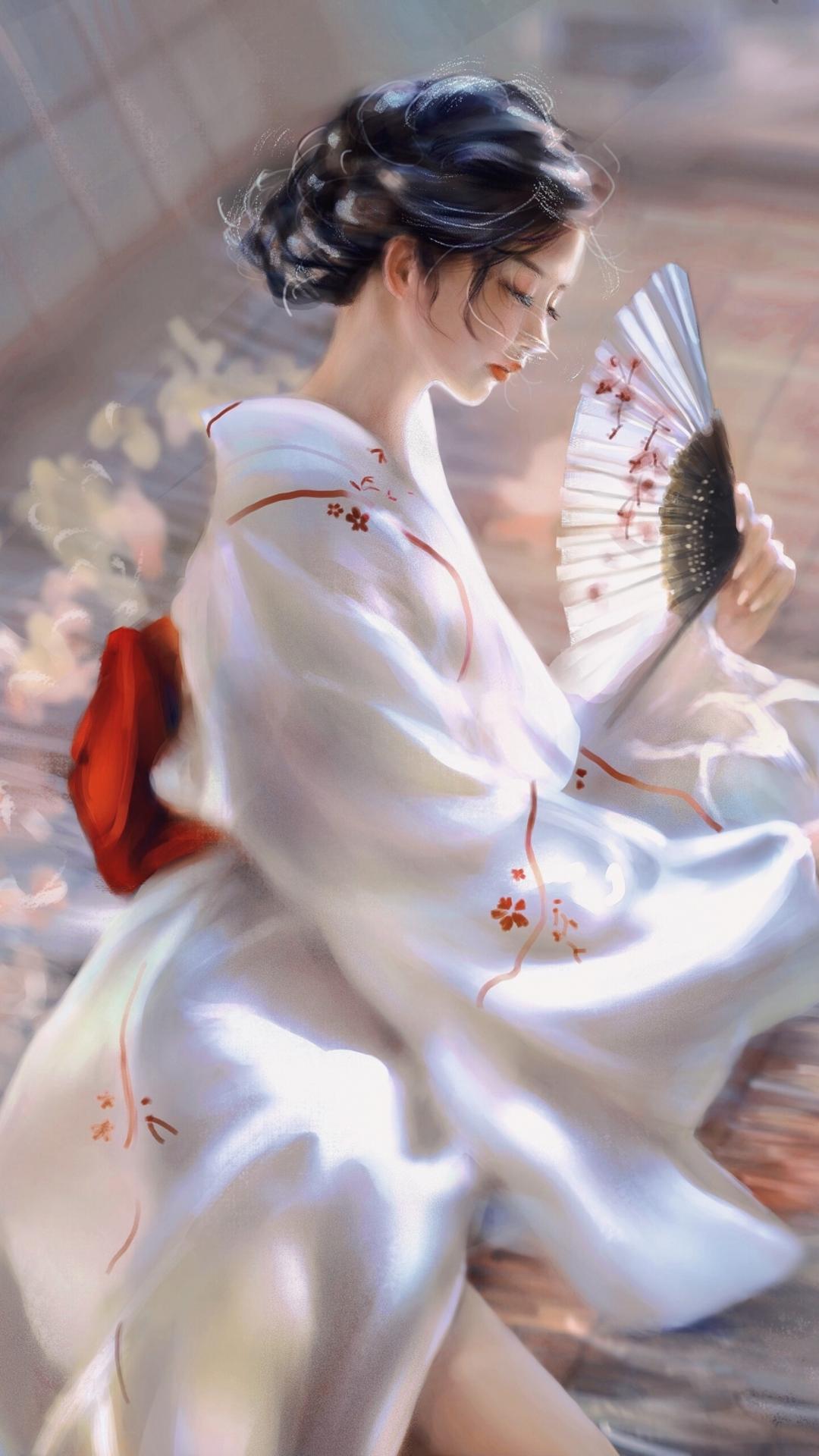 和服美女 休息 扇子 手机壁纸
