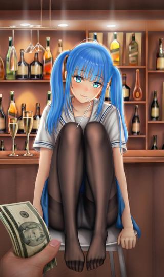 女子 女孩子 蓝色双马尾辫 丝袜 水手服制服 酒吧 全面屏手机壁纸