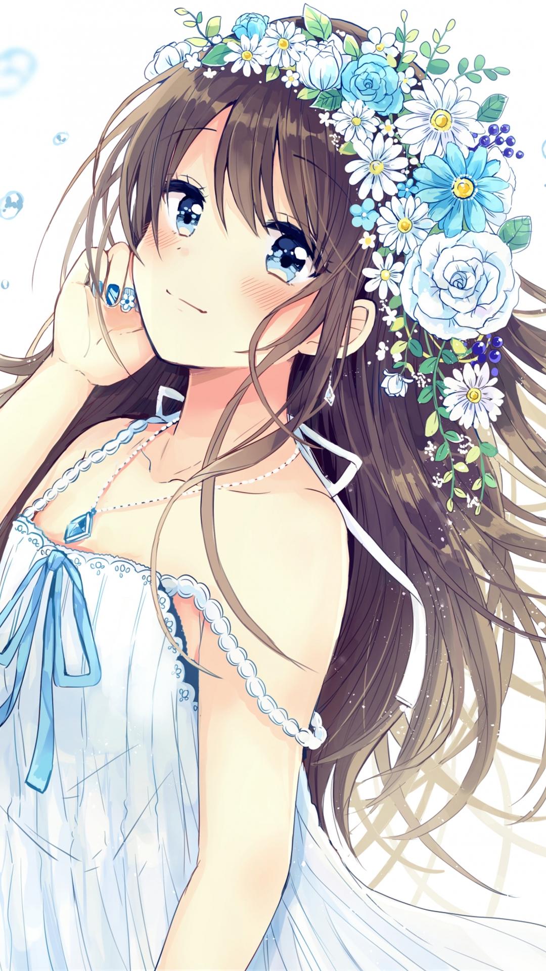 蓝色眼睛女生 长发 花环 裙子 动漫手机壁纸