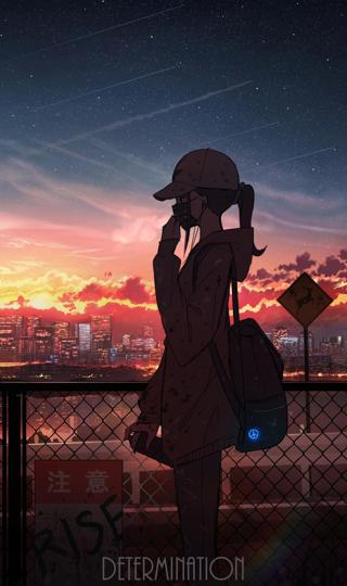 戴口罩的女孩子 风景 夕阳 天空 云 动漫手机壁纸