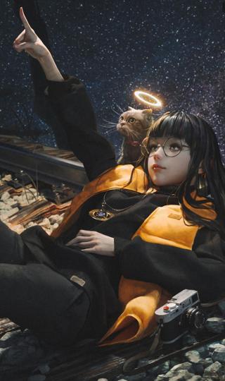 星空 少女 猫 火车轨道 全面屏手机壁纸动漫