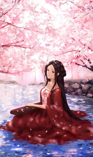 樱花树下美女唯美全面屏手机壁纸
