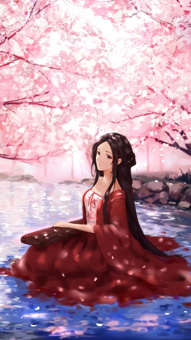 樱花树下美女唯美全面屏手机壁纸