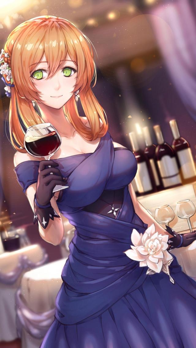 动漫美女礼服 玻璃杯 酒 手机壁纸