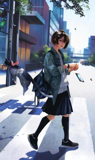 人行横道 女学生 手机 猫 手机壁纸竖屏动漫