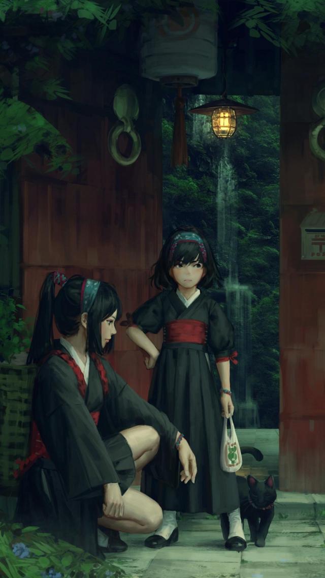 黑眼睛 动漫女孩 日本服装 短发 马尾 庭院 瀑布 动漫手机壁纸