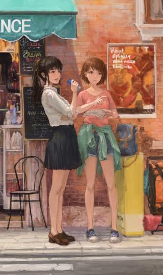 商店 两个女孩 手绘画手机壁纸