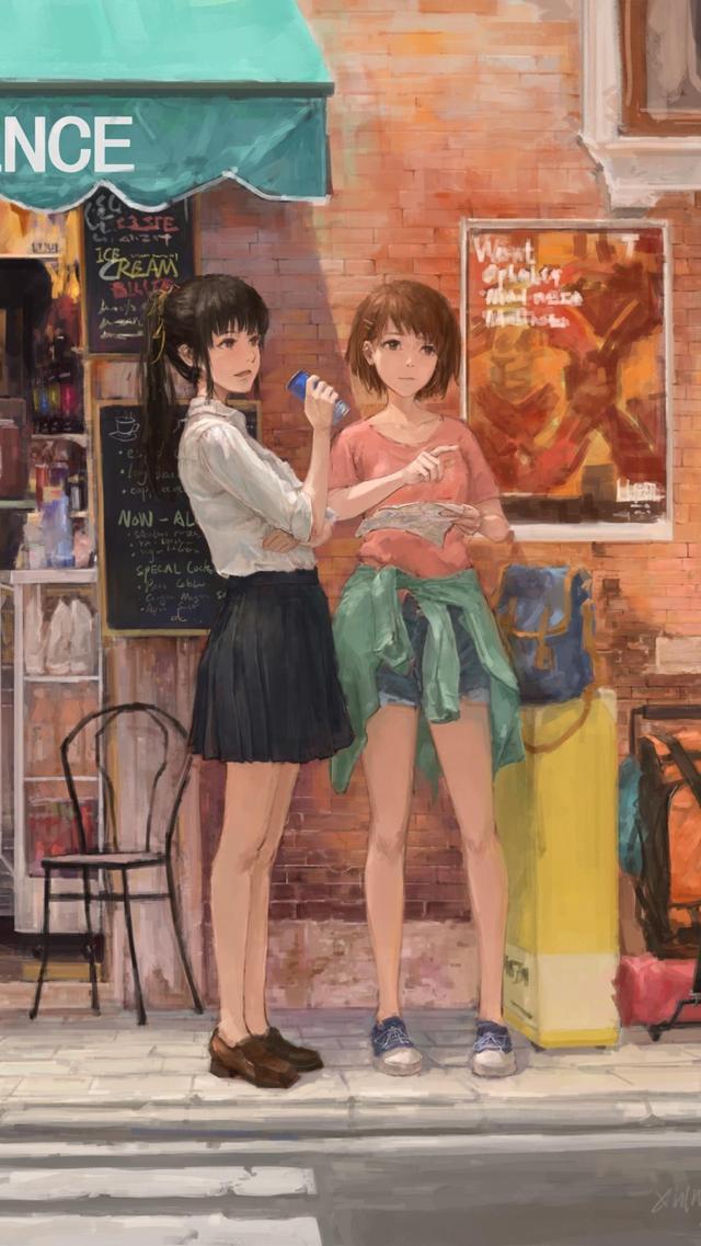 商店 两个女孩 手绘画手机壁纸