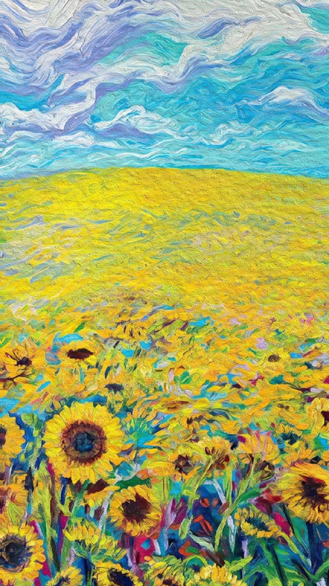 向日葵花海唯美艺术油画手机壁纸图片
