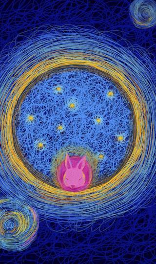 月亮上的兔子线圈插画手机壁纸大图
