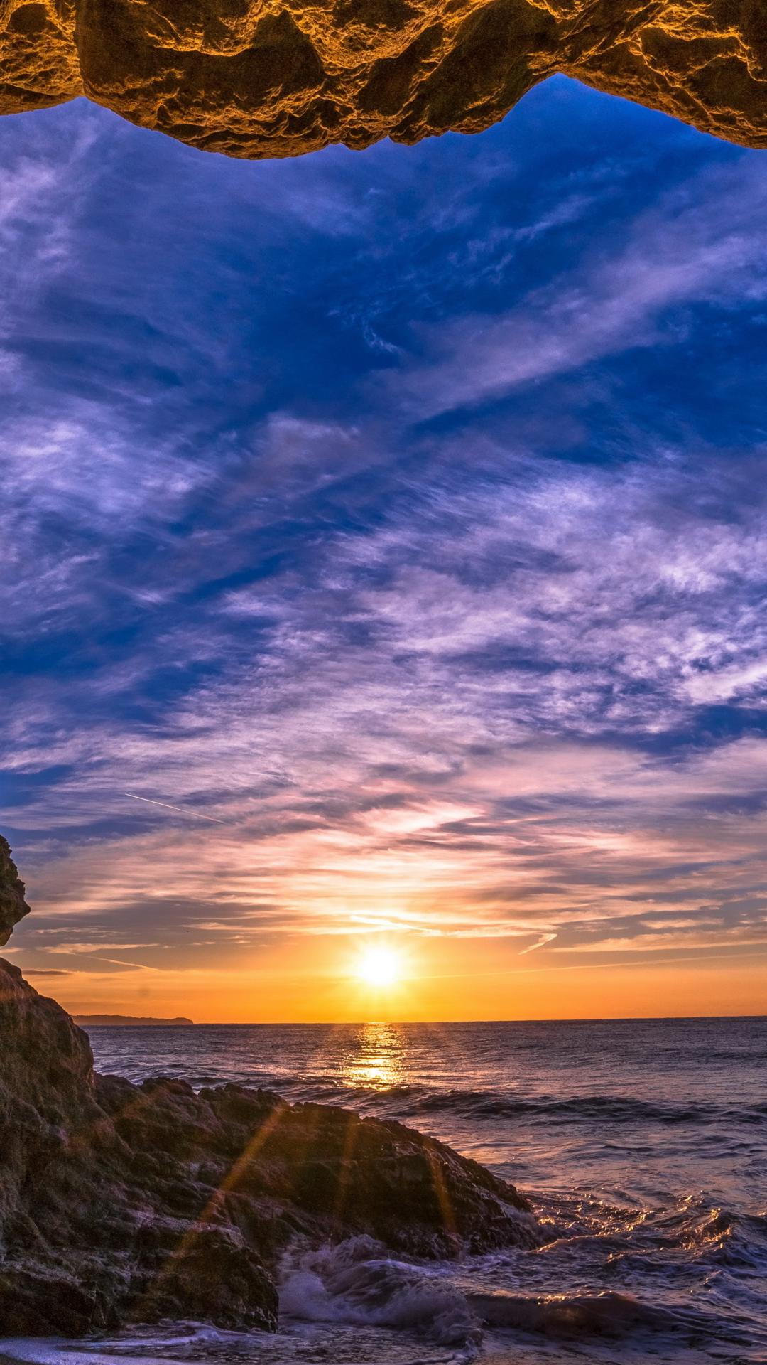 海边 礁石 夕阳 大海风景高清壁纸