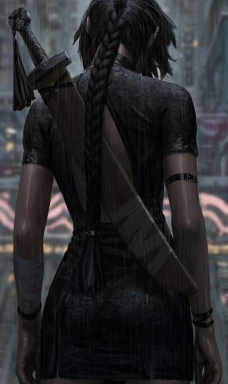 雨中背着朴刀的麻花辫动漫黑衣女子背影手机壁纸背景图