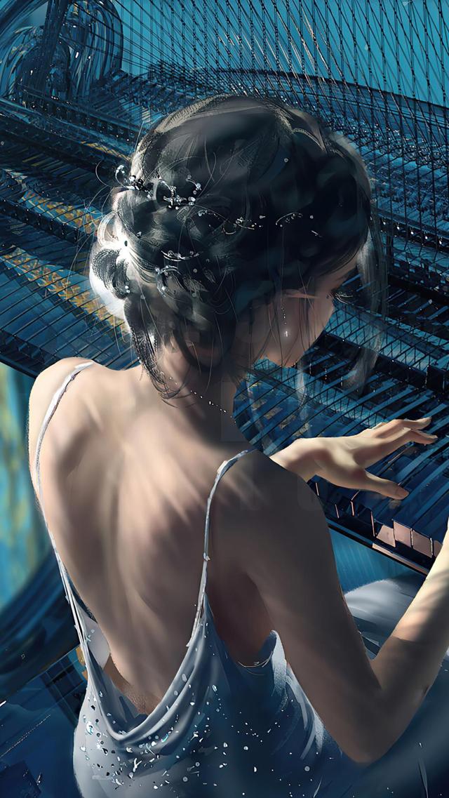 弹钢琴的美女插画图片