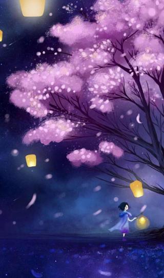 樱花树下的提灯少女图片
