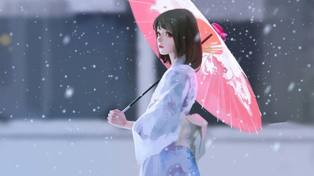 高清雨雪天 撑伞的女孩和服动漫高清壁纸
