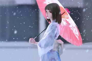 高清雨雪天 撑伞的女孩和服动漫高清壁纸