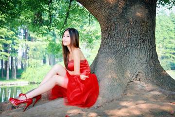 大树下的红色礼服美女桌面壁纸