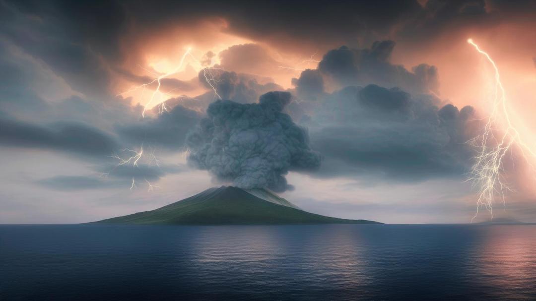 电闪雷鸣海上火山岛风景壁纸图片