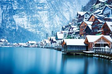 奥地利,哈尔施塔特,山,湖,雪,冬天的风景图片