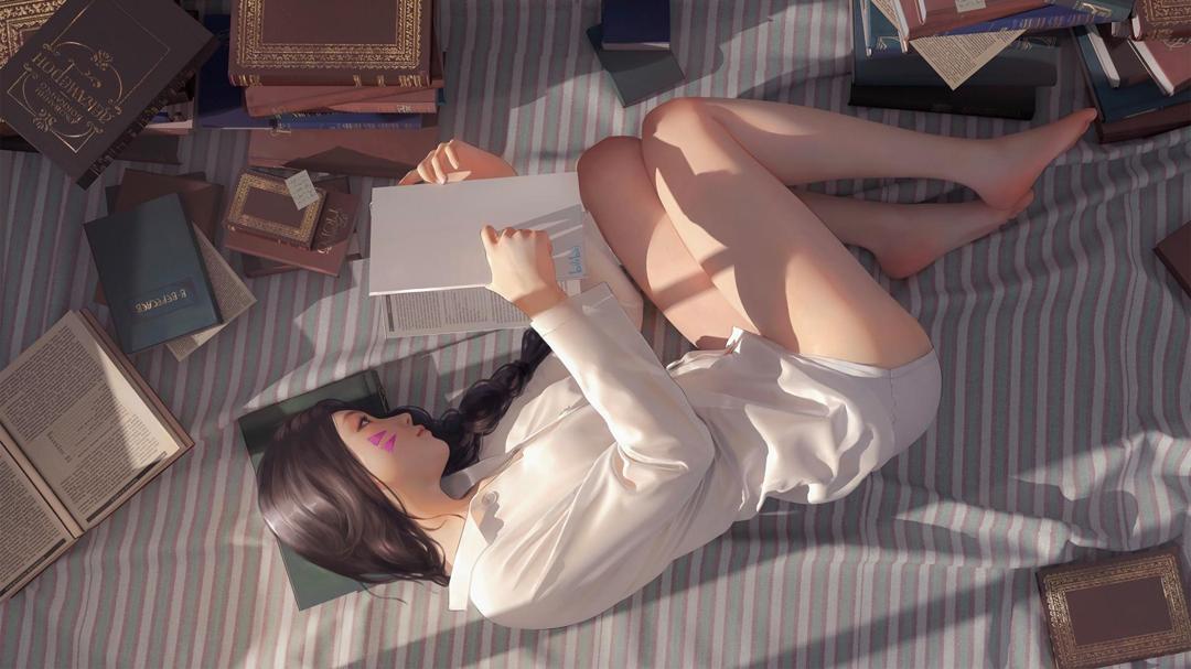 躺在床上看书的女孩二次元动漫美女壁纸