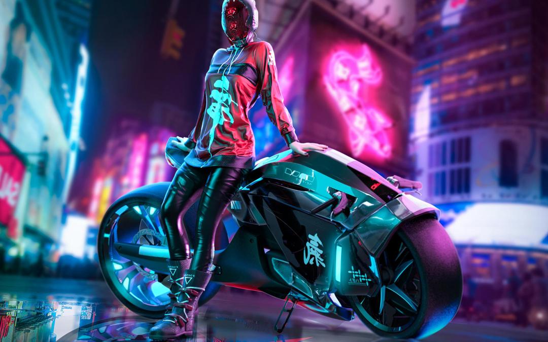 城市霓虹街头站在未来科幻摩托车前的动漫美女