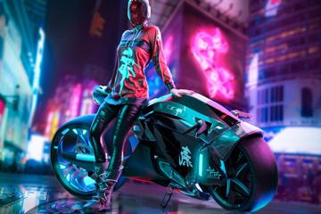 城市霓虹街头站在未来科幻摩托车前的动漫美女