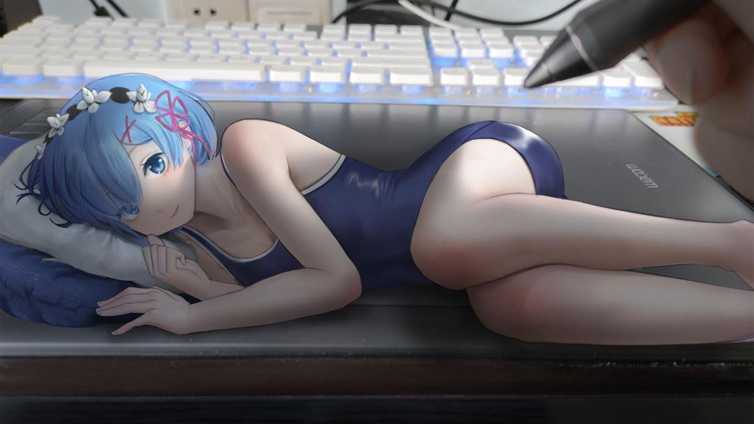 躺在巨大键盘前的动漫短发少女唯美图片图片壁纸
