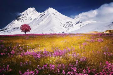 美丽的雪山下鲜花唯美风景桌面壁纸