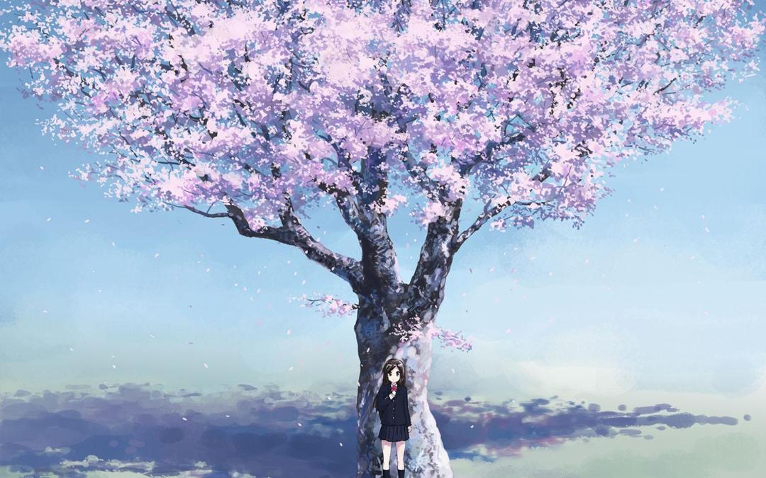 樱花树下的女孩唯美动漫风景图片桌面