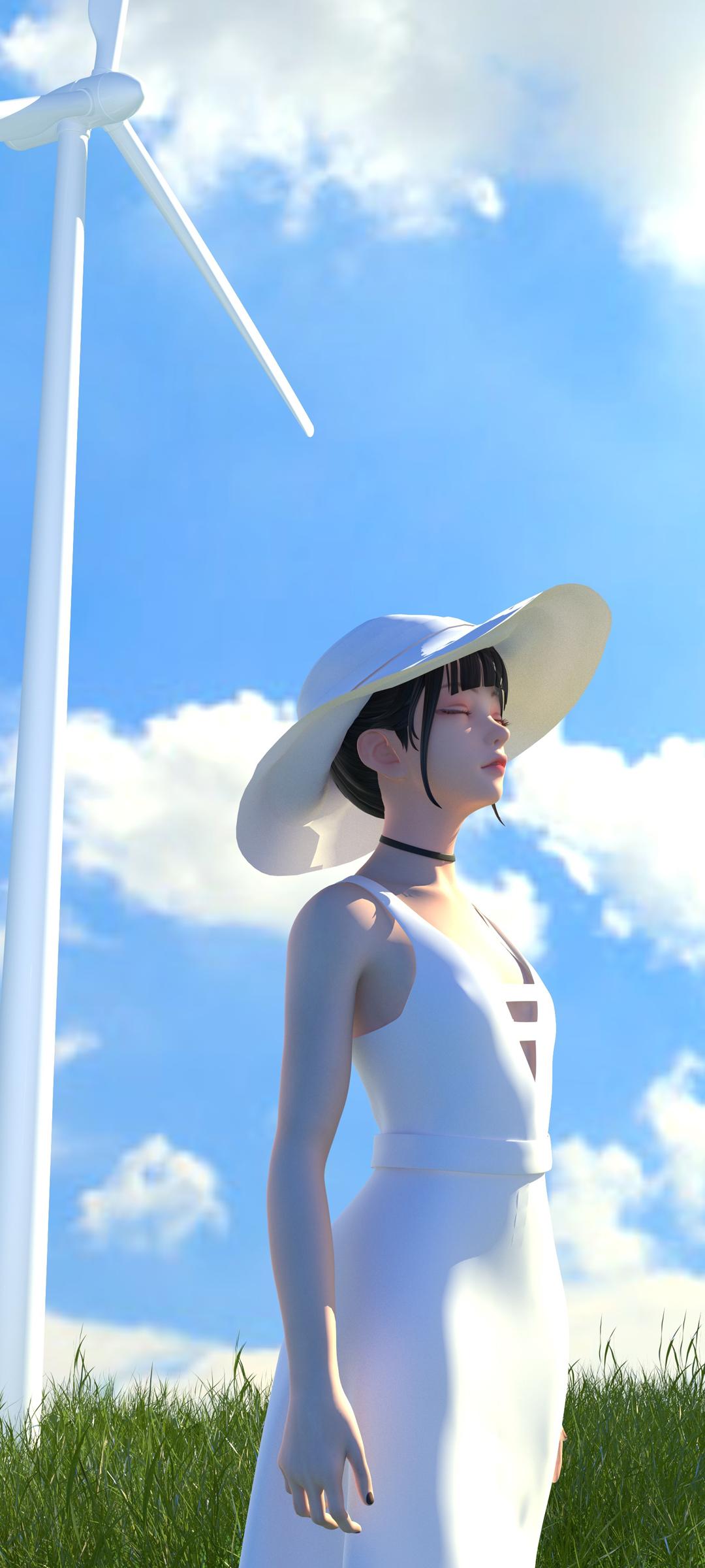 集原美 白色帽子 裙子 夏天 手机壁纸