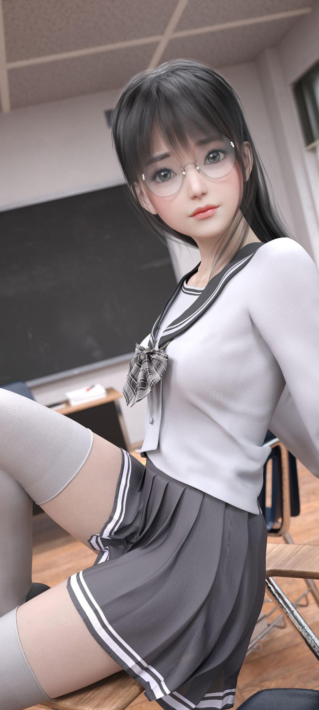 jk制服 美少女 眼镜 短裙 白色裤袜动漫美女手机壁纸