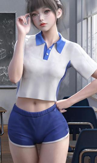 3D运动女孩眼镜蓝色短裤动漫美女手机壁纸