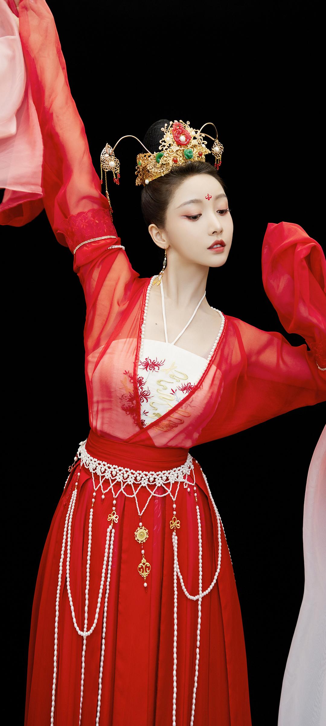中国风美女红色古装裙子全屏手机壁纸