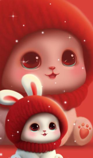 红色喜庆可爱兔子卡通手机壁纸