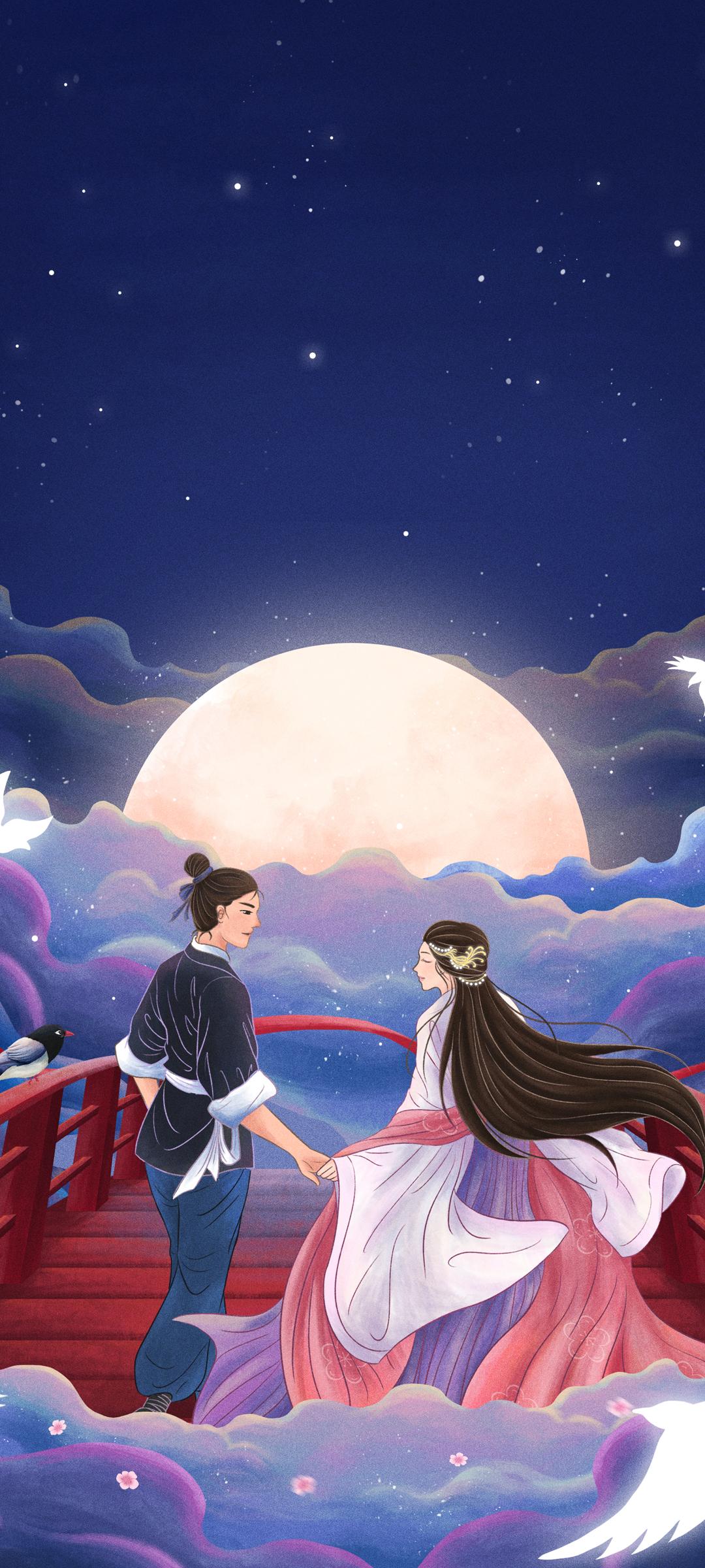 七夕牛郎织女鹊桥相会全屏高清手机图片壁纸