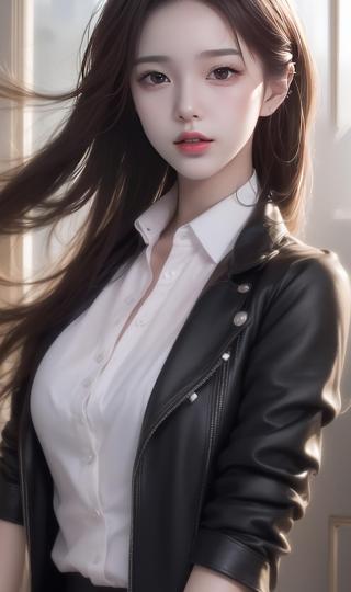 黑色皮衣外套白色衬衫动漫美女手机壁纸