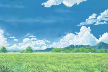 绘画风景 蓝天 云 绿草地的图片