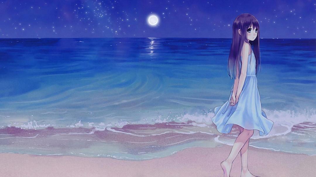 海边散步的卡通女孩图片高清唯美壁纸