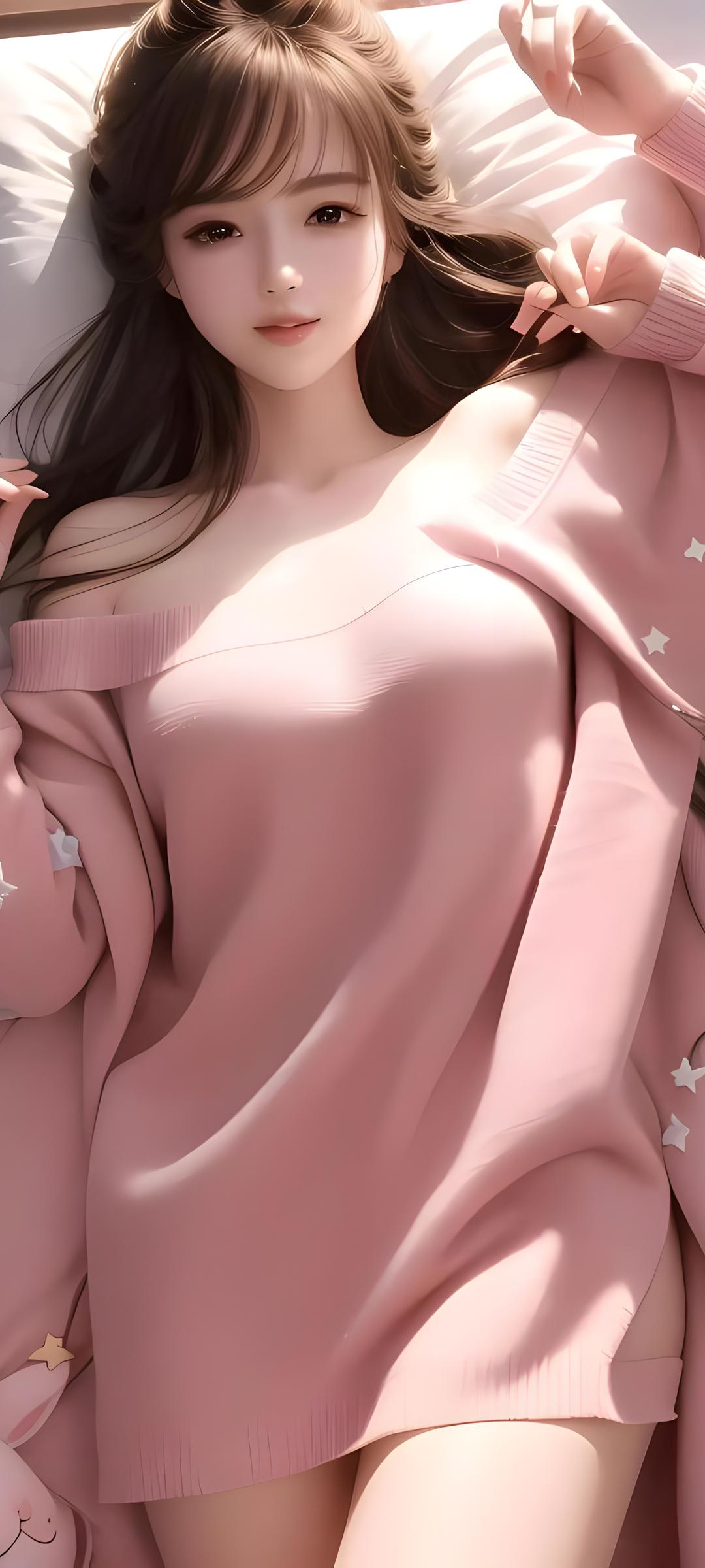 粉色毛衣动漫丰满清纯美女手机壁纸
