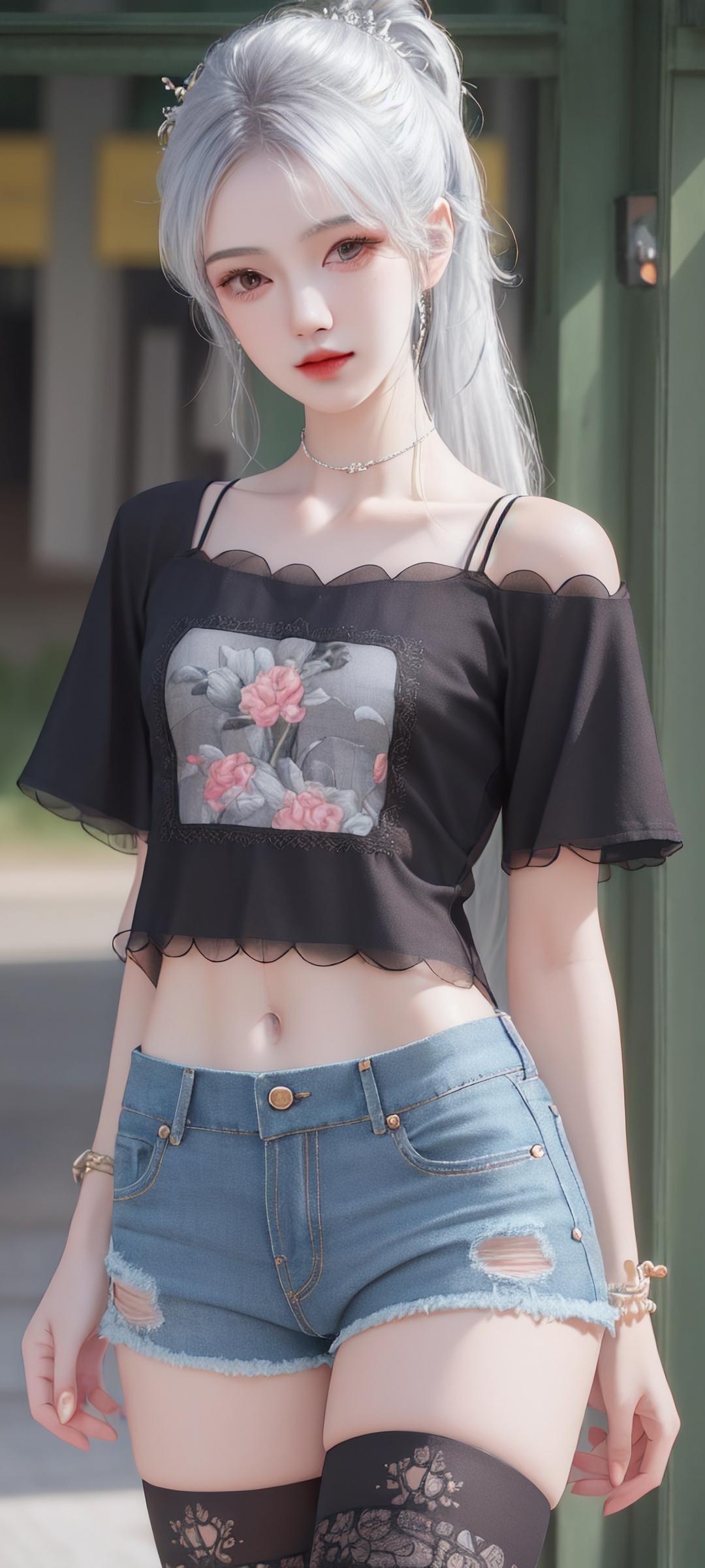 绘画美女牛仔短裤手机壁纸高清图片