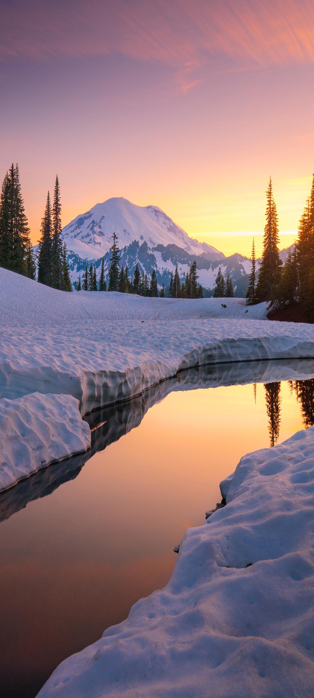 冬天雪山河树木夕阳风景手机壁纸