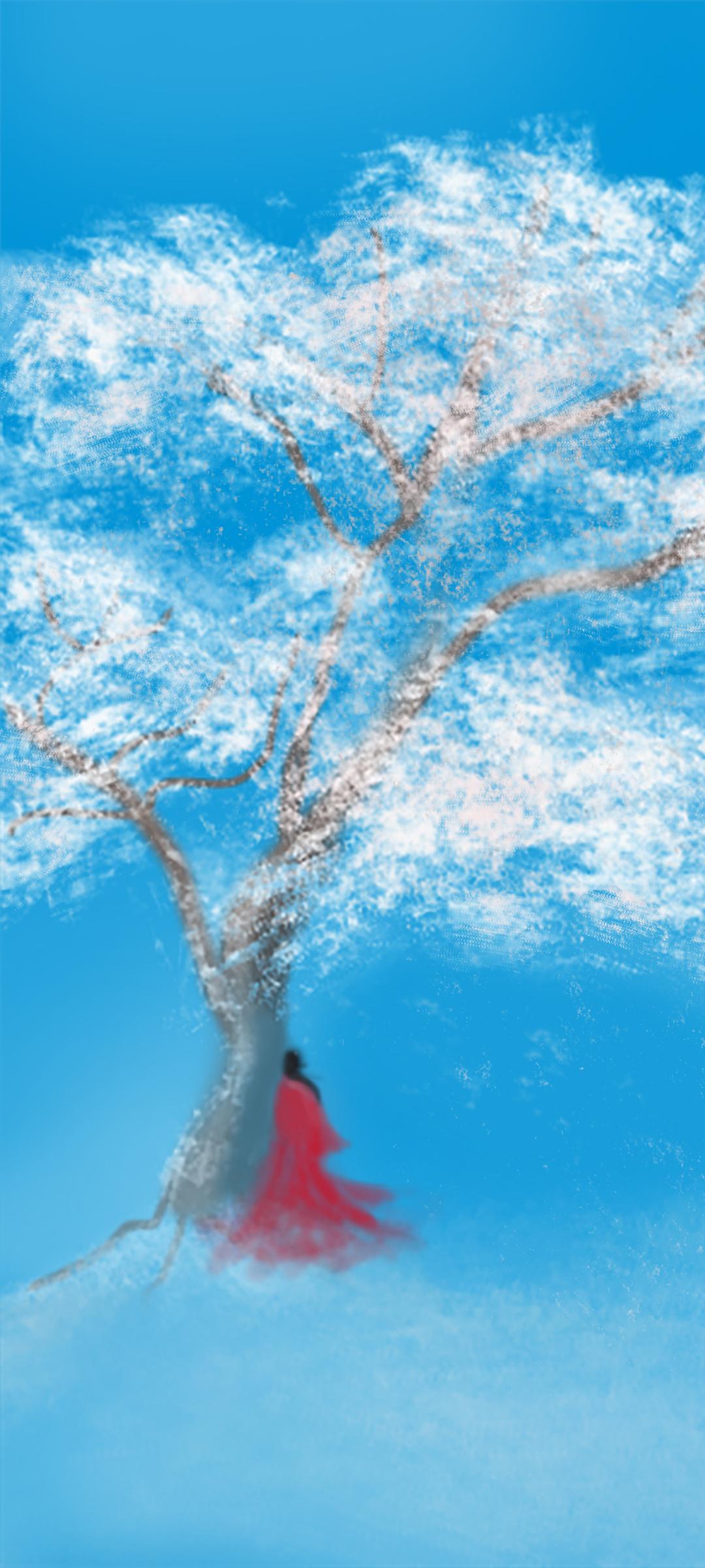 红衣女子雪天唯美风景手机壁纸
