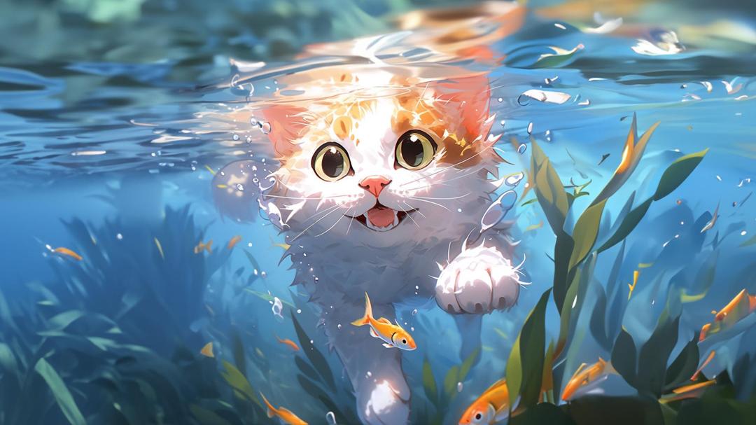 女生专用游泳的猫图片绘画高清可爱壁纸