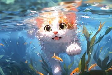 女生专用游泳的猫图片绘画高清可爱壁纸