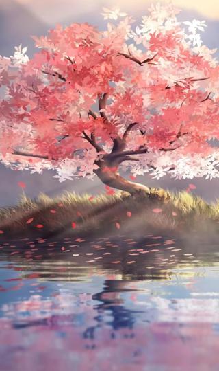 红色树叶树孤单的树湖水中央唯美风景手机壁纸