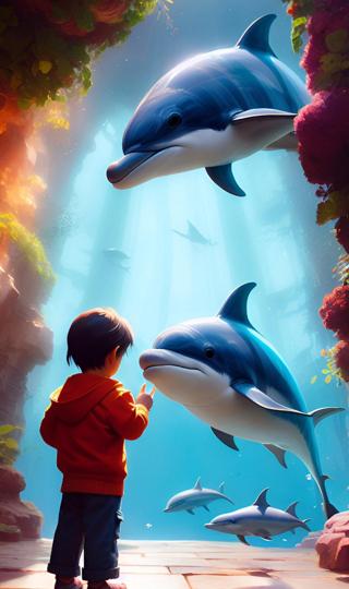 小男孩和海豚治愈系卡通壁纸推荐