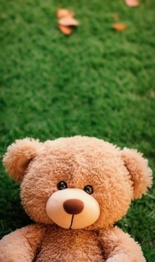草地可爱的小熊玩具手机壁纸图片