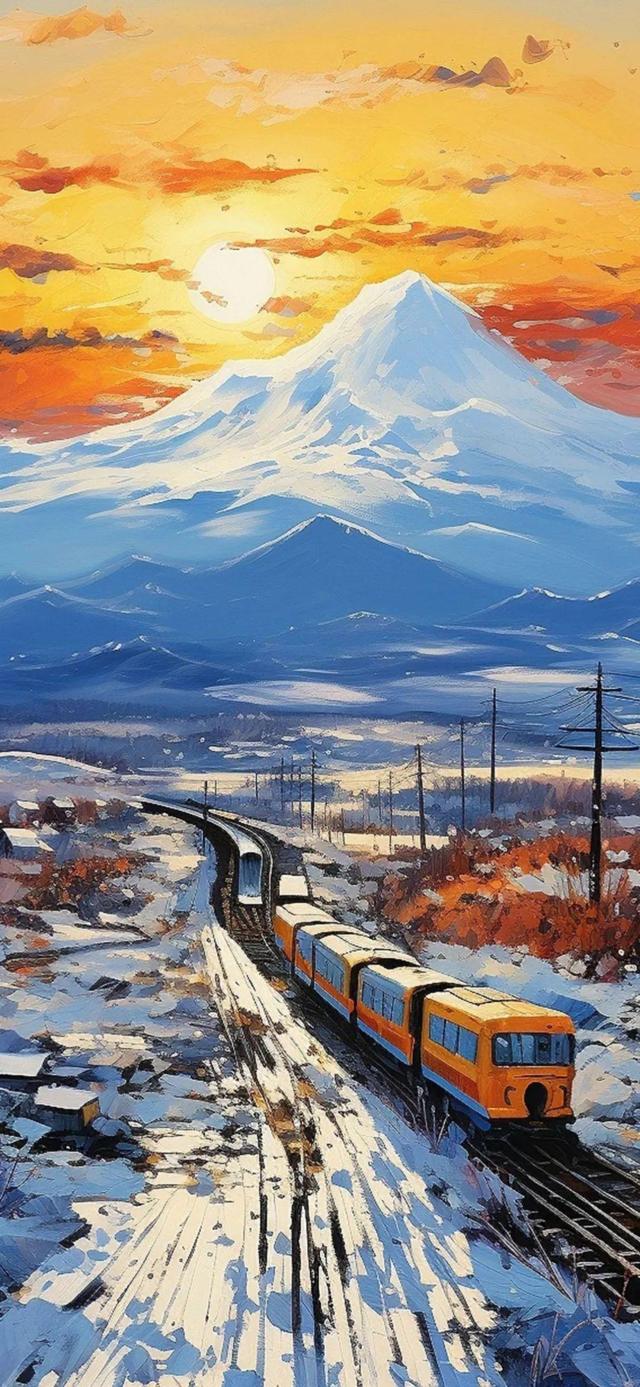 雪山下列车图片唯美背景图高清壁纸